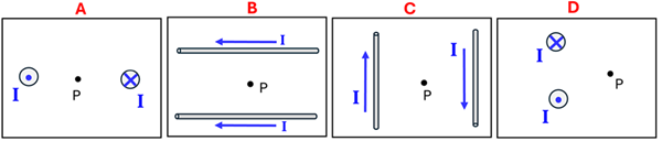 4 boxes labeled A through D. Box A shows two wires with a point P directly inbetween them, the left wire has a dot in it, the right an X in it. Box B has two wires (left to right) above each other, with a point P in between the two wires, and a blue current line pointing to the left for both wires. Box C has two wires (top to bottom) with a point P between them, the left wire with a blue current line pointing up, the right other a blue line pointing down. Box D has 2 wires above each other with a point P between and to the right of the 2 wires, with the top wiring having an X through it, and the bottom wire having a dot in it.