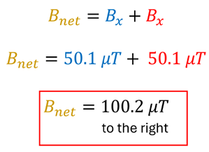 Equation of the net vector force of B, we find that the vertical vectors cancel out and the, while the rightward of 50.1 micro-Tesla add to get 100.2 micro-Tesla to the right as the B net.