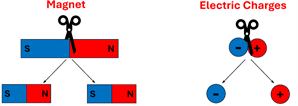 A diagram showing that cutting a bar magnet produces two new magnets with a South-North end on each, whereas cutting (separating) electric charges does not produce two new negative-positive charges, but just puts space between the negative and positive charge.