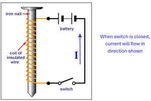 A picture of an iron nail (pointing up and down) with a coil of wire with the current starting at the top, wrapping to the left behind the nail, then away from the screen, then to the right, then towards the screen, multiple times, connected to a switch and a battery.