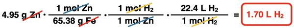 4.95 g Zn•(1 mol Zn/65.38 g Zn)•(1 mol H2/1 mole Zn)•(22.4 L H2/1 mol H2) = 1.70 L H2