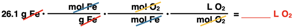 26.1 g Fe•(__ mol Fe/__ g Fe)•(__mol O2/__mole Fe)•(__L O2/__mol O2) = ____ L O2