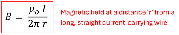 Amphere's Law, B equals u sub o (permeability of free space constant) times I (current in wire) over two pie r (distance from wire to point where finding magnetic field).