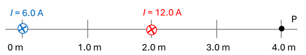 A horizontal line grid with 2 wires and a point P. At 0 meters is the first wire represented by a circle with an X with 6.0 amperes current. Next to it at 2.0 meters is another wire represented by a circle with an X with 12.0 amperes. Then lastly a point P at 4.0 meters.