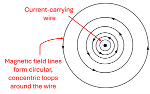 A diagram showing a current carrying wire in the center with counter clockwise magnetic field lines forming a circular, concentric loops around the wire.